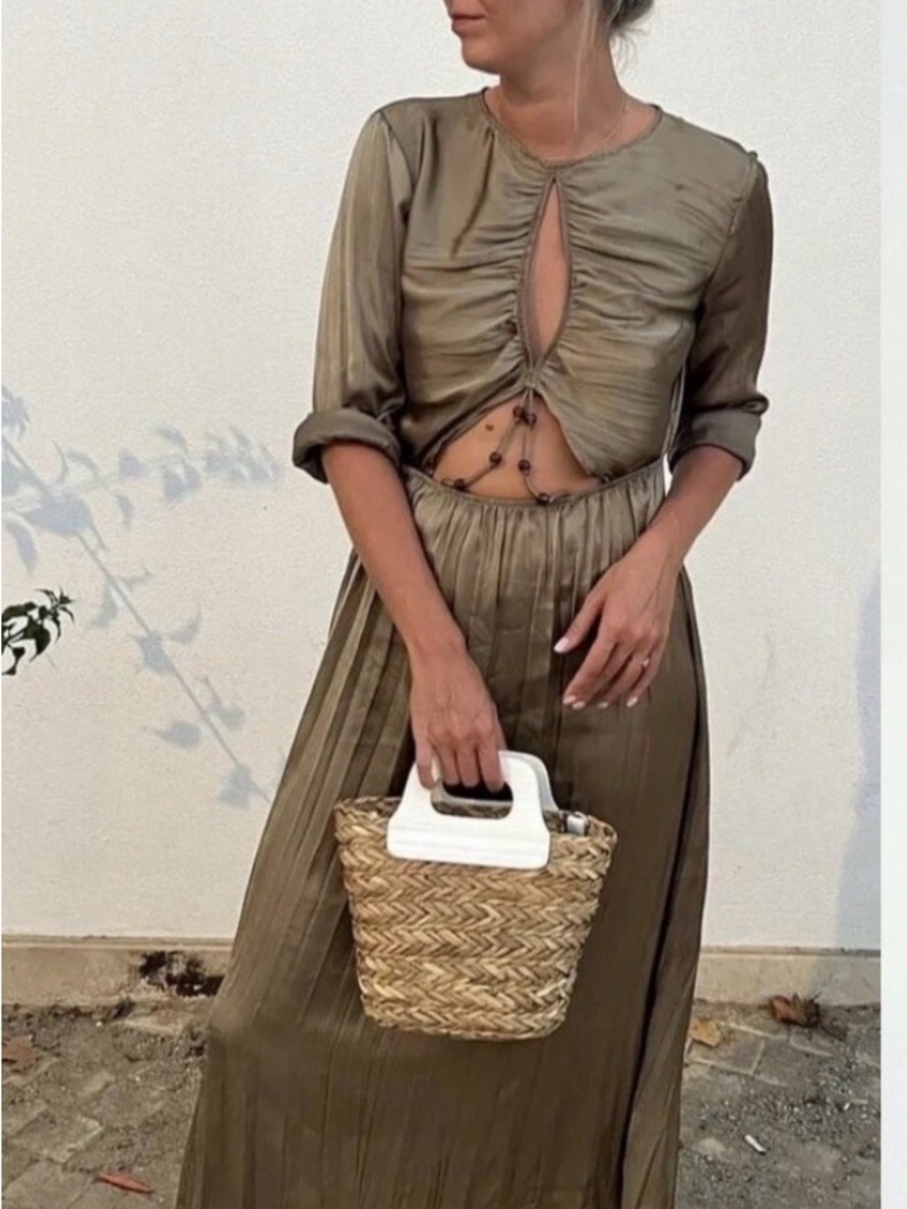 Zara Olive Long-Sleeve Pleated Midi Dress